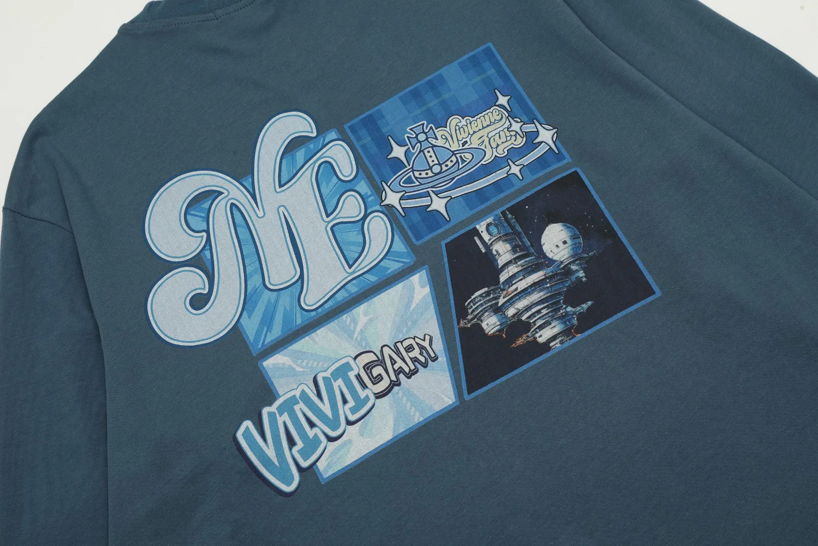VIVI8820 vivienne west wood Vivienne American baseball style heavy industry multi-color printed Saturn long sleeves Super design sense Super practical for wearing inside and outside 200G thin base Size: S M L mint green haze blue dirty pink